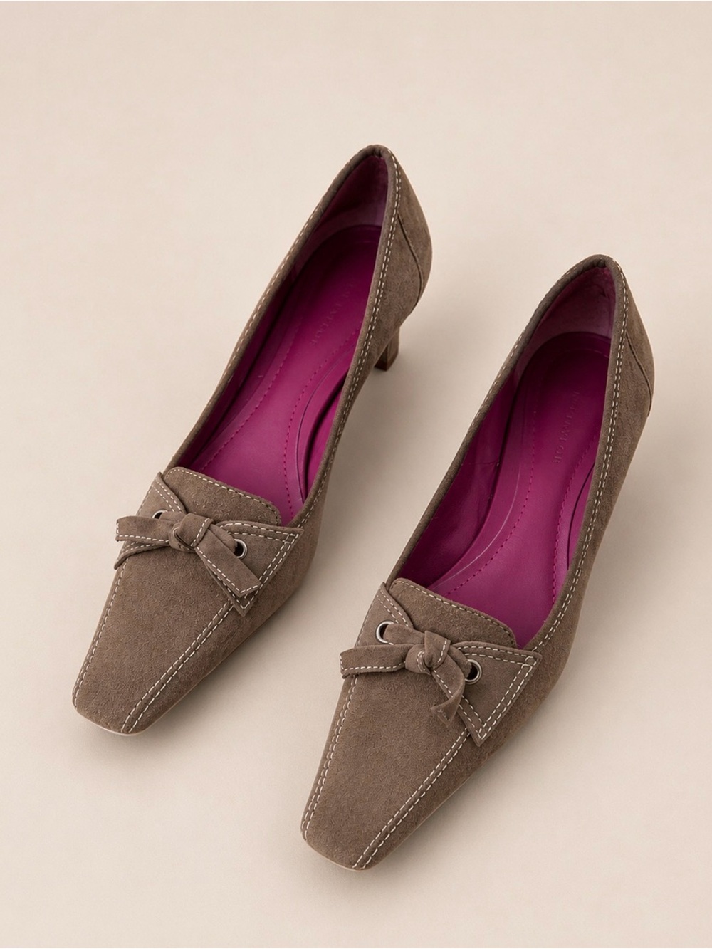 Ann Taylor Factory Taupe Suede Pointed-Toe Flats with Bow Detail